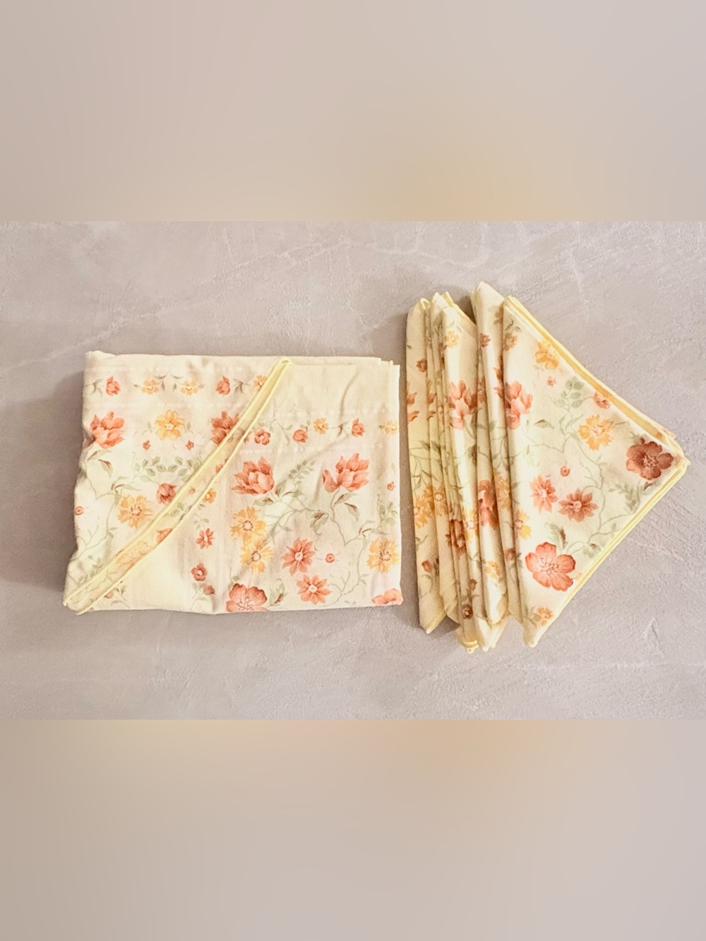 Vintage Cacharel Tablecloth & 8 Napkins Set Peach Floral Retro 1970s French